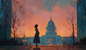 A pregnant woman outside a capitol suggests the public burden and moral witness of the pro-life movement.