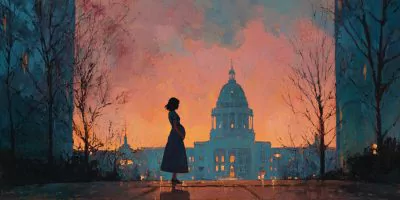 A pregnant woman outside a capitol suggests the public burden and moral witness of the pro-life movement.