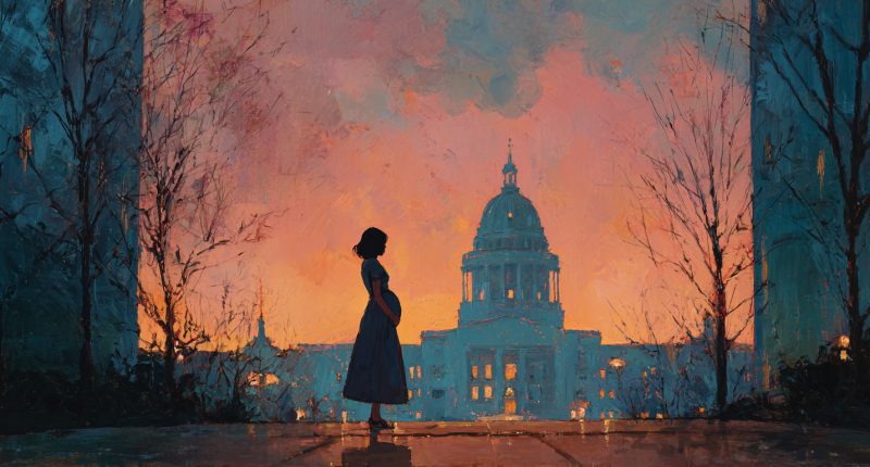 A pregnant woman outside a capitol suggests the public burden and moral witness of the pro-life movement.