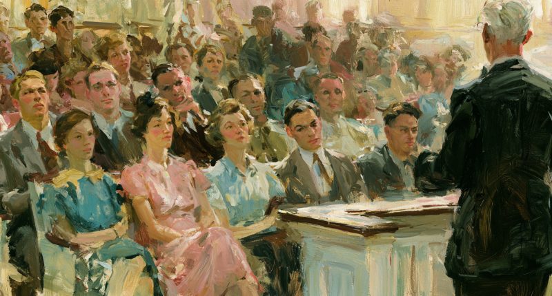 A congregation appears polite but disengaged, representing the soft rejection of prophets.