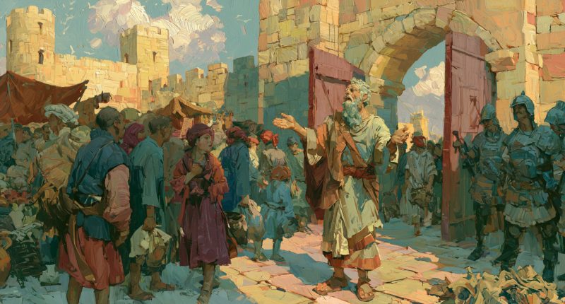 An ancient prophet is ignored at a city gate, representing how prophetic warnings are often dismissed.