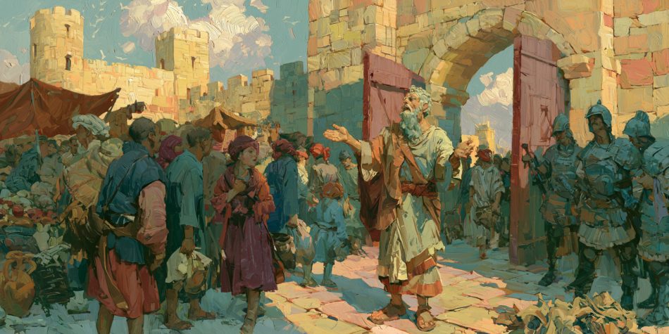 An ancient prophet is ignored at a city gate, representing how prophetic warnings are often dismissed.