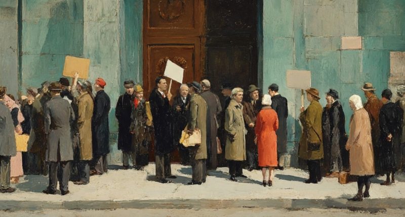 Demonstrators remain outside as worshippers enter, contrasting peaceful dissent with protests in church.