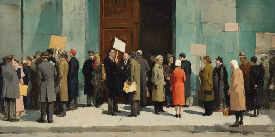 Demonstrators remain outside as worshippers enter, contrasting peaceful dissent with protests in church.