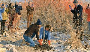 Two neighbors plant a young tree together in a vacant lot, illustrating faithful, real-world stewardship beyond christian social media.