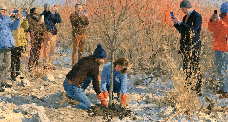 Two neighbors plant a young tree together in a vacant lot, illustrating faithful, real-world stewardship beyond christian social media.