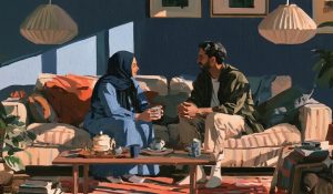A Muslim couple shares tea and conversation, portraying forgiveness in families.
