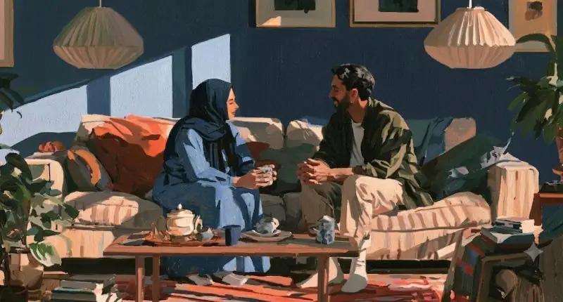 A Muslim couple shares tea and conversation, portraying forgiveness in families.