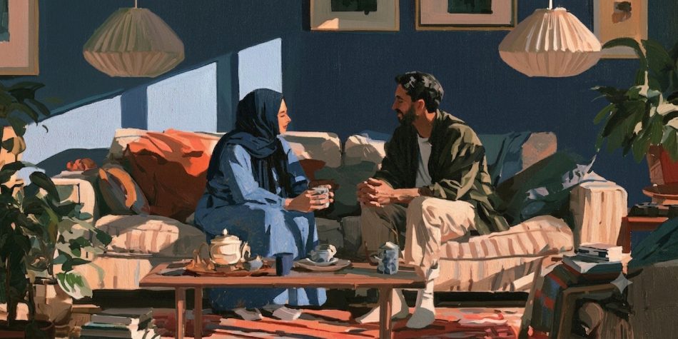 A Muslim couple shares tea and conversation, portraying forgiveness in families.