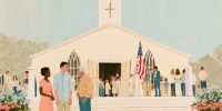 Neighbors beneath an American flag outside a church illustrate the relationship between religion and democracy.