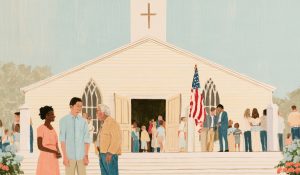 Neighbors beneath an American flag outside a church illustrate the relationship between religion and democracy.