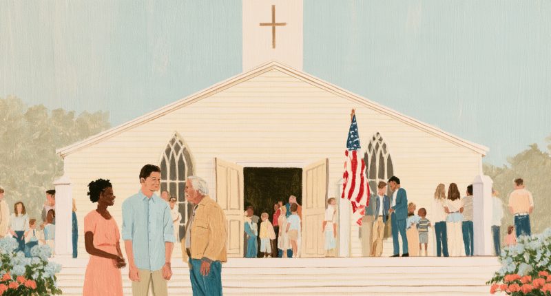 Neighbors beneath an American flag outside a church illustrate the relationship between religion and democracy.