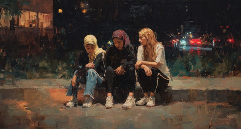 A Muslim woman, a modern Orthodox Jewish woman, and a Latter-day Saint woman, sit on a curb and comfort one another amidst religious persecution.