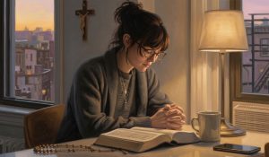 A woman prepares for worship, representing sustained faith in a story about religion and mental health.