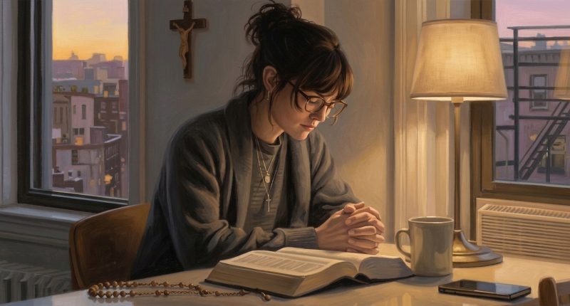 A woman prepares for worship, representing sustained faith in a story about religion and mental health.