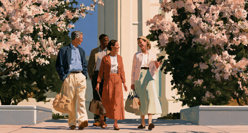 Two men and two women share a friendly conversation outside a temple where they seek temple blessings.