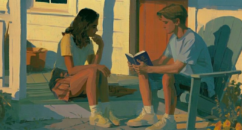 One friend shares the Book of Mormon with another, representing how Latter-day Saints point others to Jesus Christ through personal witness.
