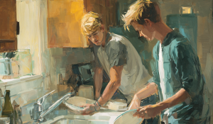 Two young male roommates stand at a kitchen sink, one carefully washing a dish while the other carelessly drops one in, suggesting self-report bias and conflicting motives.