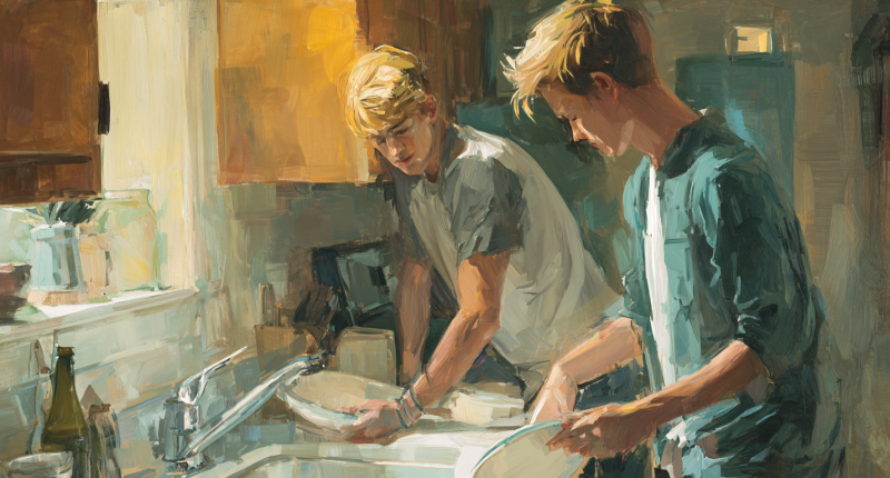 Two young male roommates stand at a kitchen sink, one carefully washing a dish while the other carelessly drops one in, suggesting self-report bias and conflicting motives.