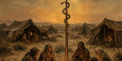 A desert campsite at dusk where a bronze serpent on a tall pole rises above scattered tents while weary people look up from the sand. The brass serpent stands as a sacred symbol meant to point worship toward Christ.