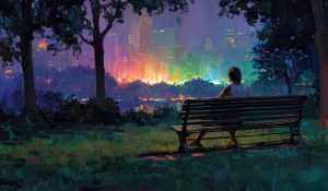 A young adult sits alone on a quiet park bench at dusk, reflecting as a distant LGBT pride celebration glows softly, suggesting a contemplative Christian response to Pride Month.