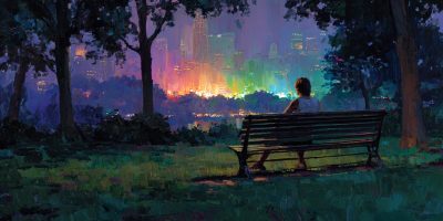 A young adult sits alone on a quiet park bench at dusk, reflecting as a distant LGBT pride celebration glows softly, suggesting a contemplative Christian response to Pride Month.
