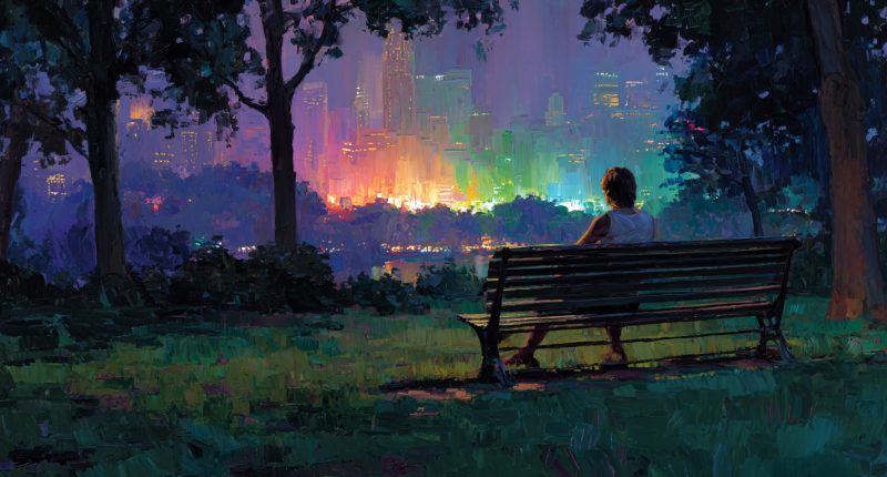 A young adult sits alone on a quiet park bench at dusk, reflecting as a distant LGBT pride celebration glows softly, suggesting a contemplative Christian response to Pride Month.