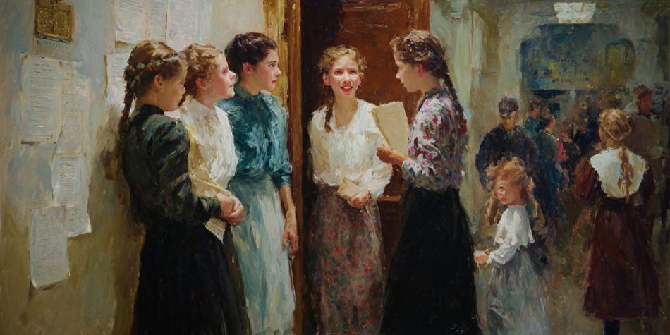 Teen girls chat in a chapel hallway as one holds a mission call, reflecting rising anticipation around the LDS sister missionary age change.
