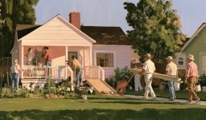 Congregation volunteers repair a neighbor’s home, reflecting religion and relationships through hands-on community service.