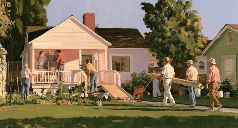 Congregation volunteers repair a neighbor’s home, reflecting religion and relationships through hands-on community service.