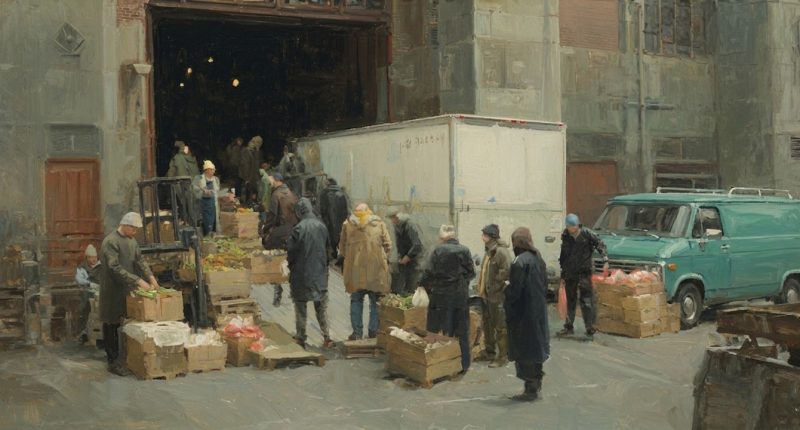 Food moves from a storehouse into community hands, showing soft power through humanitarian work, local trust, and shared effort.