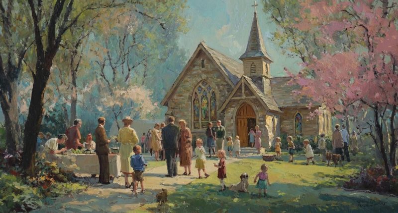 Congregants gather for a lively potluck after Sunday services, showing the way organized religion allows for community building.