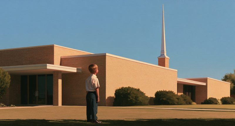 A child looks up at a sunlit chapel spire, showing how church steeples direct attention toward heaven.