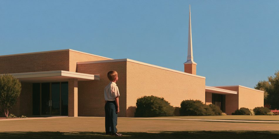 A child looks up at a sunlit chapel spire, showing how church steeples direct attention toward heaven.