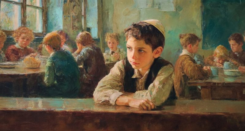 A Jewish student sits apart in a crowded cafeteria, showing how religious minorities can feel visible and isolated at once.