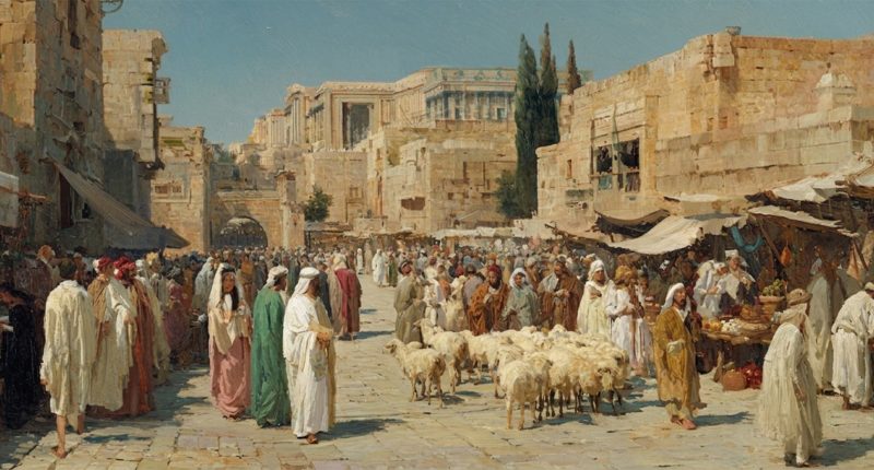 Pilgrims and lambs move through Jerusalem during Passover week, pointing to Christ and Easter redemption.