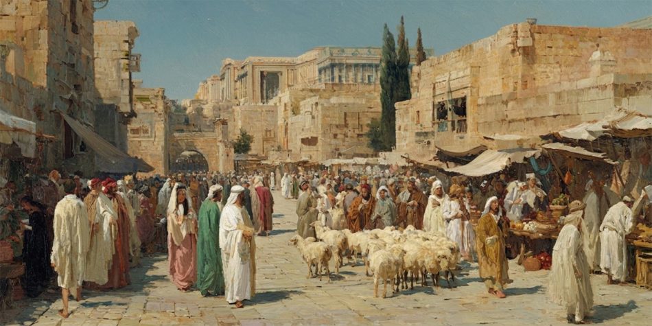 Pilgrims and lambs move through Jerusalem during Passover week, pointing to Christ and Easter redemption.