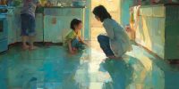 A mother crouches calmly to speak with a tearful child in a bright family kitchen while siblings stand nearby, illustrating Christian parenting with warmth, patience, and light.