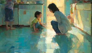 A mother crouches calmly to speak with a tearful child in a bright family kitchen while siblings stand nearby, illustrating Christian parenting with warmth, patience, and light.