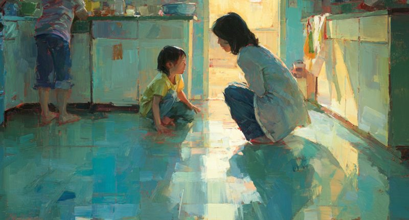 A mother crouches calmly to speak with a tearful child in a bright family kitchen while siblings stand nearby, illustrating Christian parenting with warmth, patience, and light.