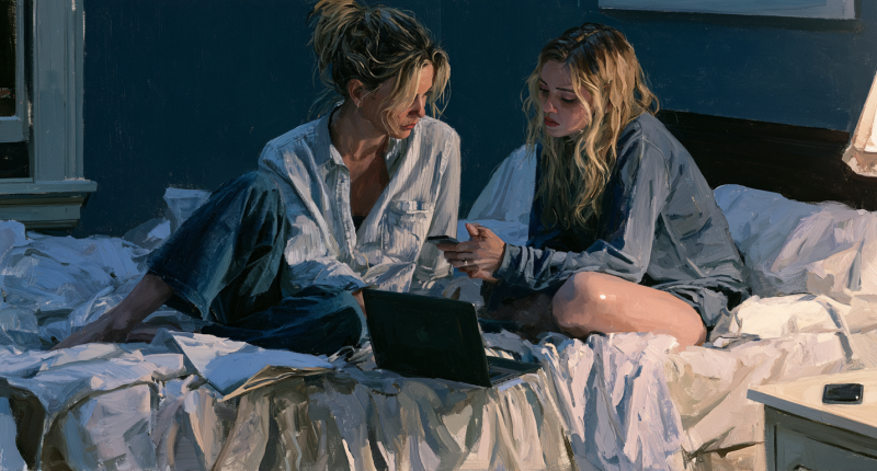 A mother and daughter share a quiet moment beside put-away devices while navigating youth screen time.