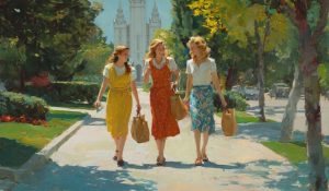 A mother and two teenage daughters walk to their cars after visiting the temple with temple bags, representing temple garment devotion, family preparation, and sacred continuity.