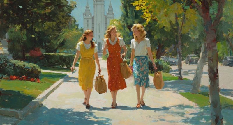 A mother and two teenage daughters walk to their cars after visiting the temple with temple bags, representing temple garment devotion, family preparation, and sacred continuity.