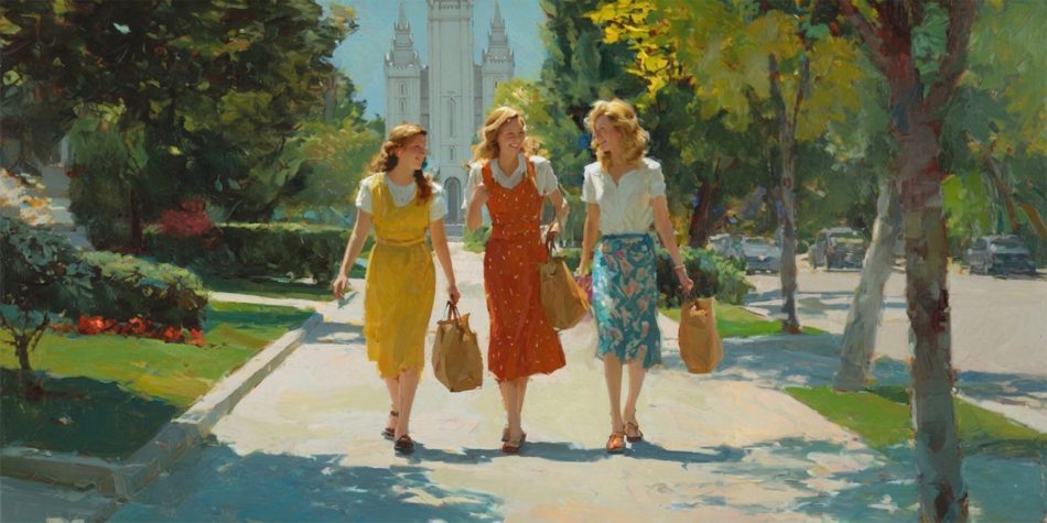A mother and two teenage daughters walk to their cars after visiting the temple with temple bags, representing temple garment devotion, family preparation, and sacred continuity.