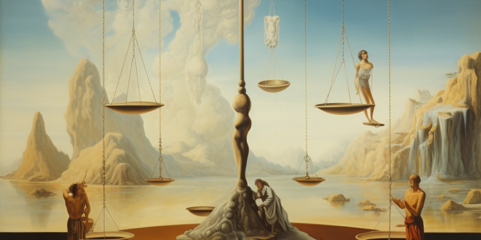 Dali-styled surreal painting of a scale balancing religious and public symbols, indicating the equilibrium aimed by public accommodation laws.