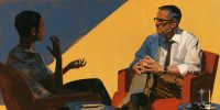 A client discusses his life with a therapist, reflecting the discussion of therapy bias.