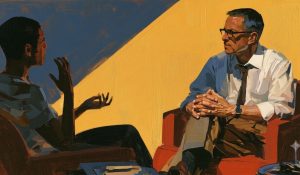 A client discusses his life with a therapist, reflecting the discussion of therapy bias.
