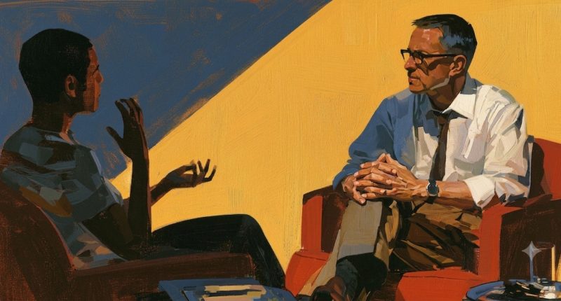 A client discusses his life with a therapist, reflecting the discussion of therapy bias.