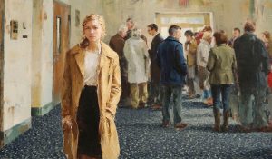 One woman stands apart as others gather nearby in a church foyer, reflecting themes of disaffection discussed in