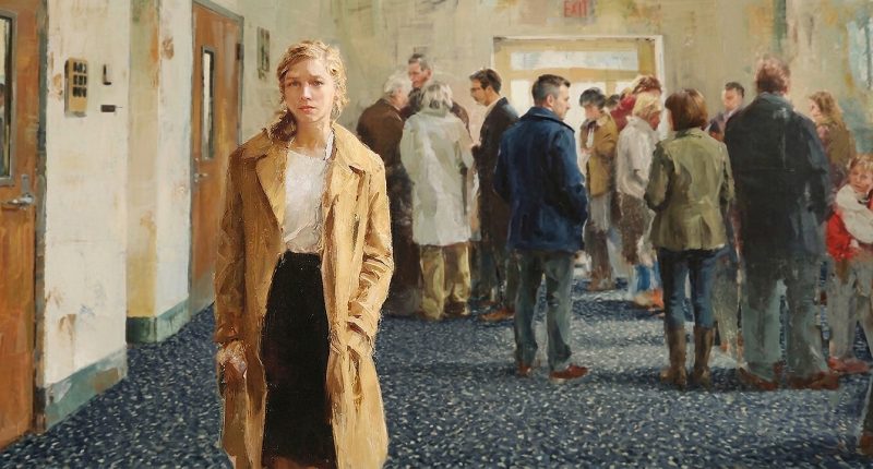 One woman stands apart as others gather nearby in a church foyer, reflecting themes of disaffection discussed in 